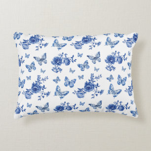 Vintage Chinoiserie Blue White Butterflies Flowers Accent Pillow