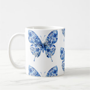 Vintage Chinoiserie Blue White Butterflies Flowers Coffee Mug