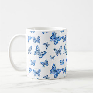 Vintage Chinoiserie Blue White Butterflies Flowers Coffee Mug