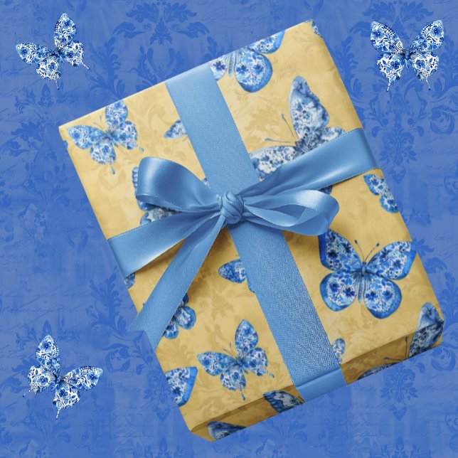 Vintage Chinoiserie Blue White Butterfly Gold Wrapping Paper (A classic chinoiserie butterflies)