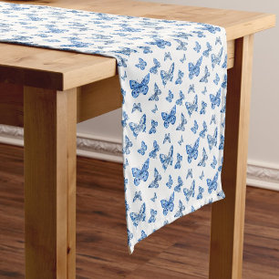 Vintage Chinoiserie Blue White Butterfly Medium Table Runner