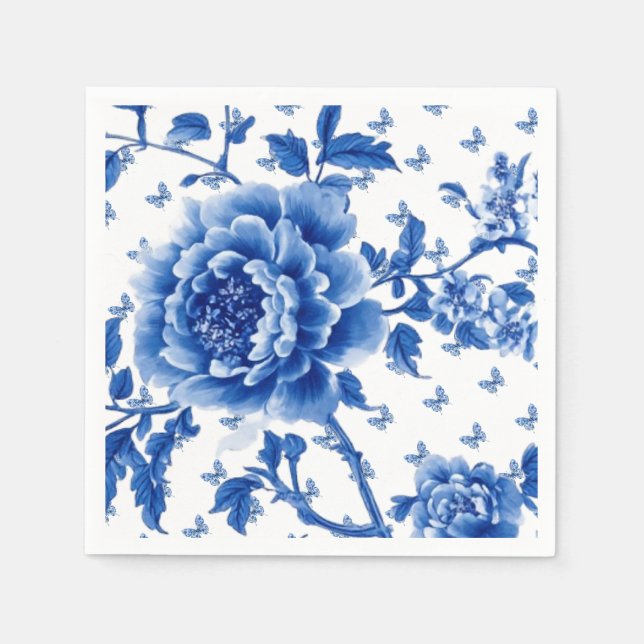 Vintage Chinoiserie Blue White Butterfly Roses  Napkin (Front)