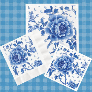 Vintage Chinoiserie Blue White Butterfly Roses Napkin