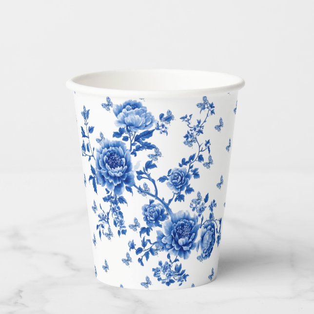 Vintage Chinoiserie Blue White Butterfly Roses  Paper Cups (Front)