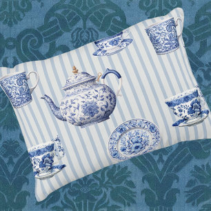Vintage Chinoiserie Blue White Dishes Blue Stripe Lumbar Pillow