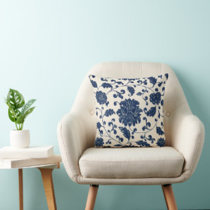 Vintage Chinoiserie Blue White Pattern Floral Throw Pillow