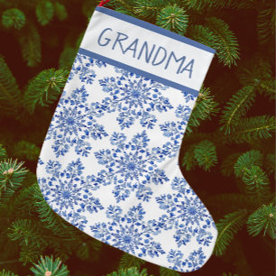 Vintage Chinoiserie Blue White Snowflakes Large Christmas Stocking