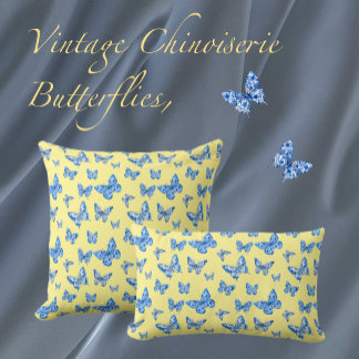 Vintage Chinoiserie Butterflies Yellow Background Lumbar Pillow