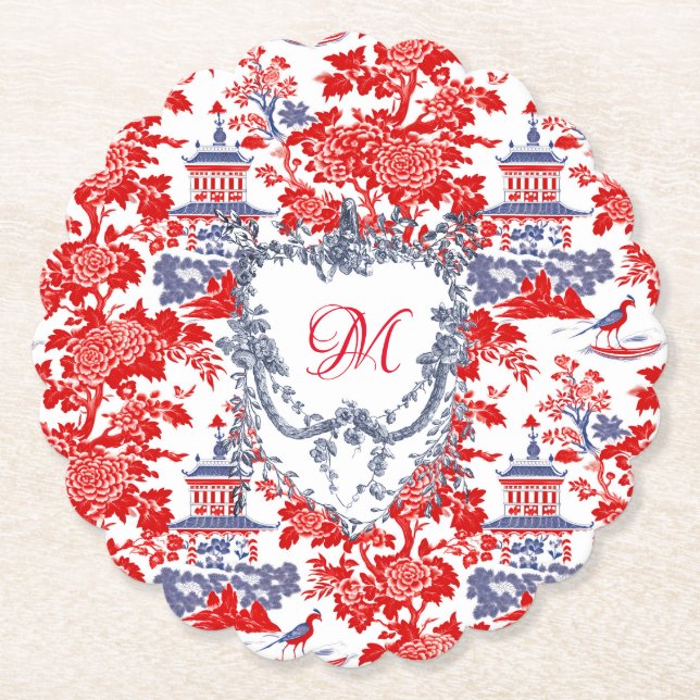 Vintage Chinoiserie Delft French Blue monogram Paper Coaster (Front)