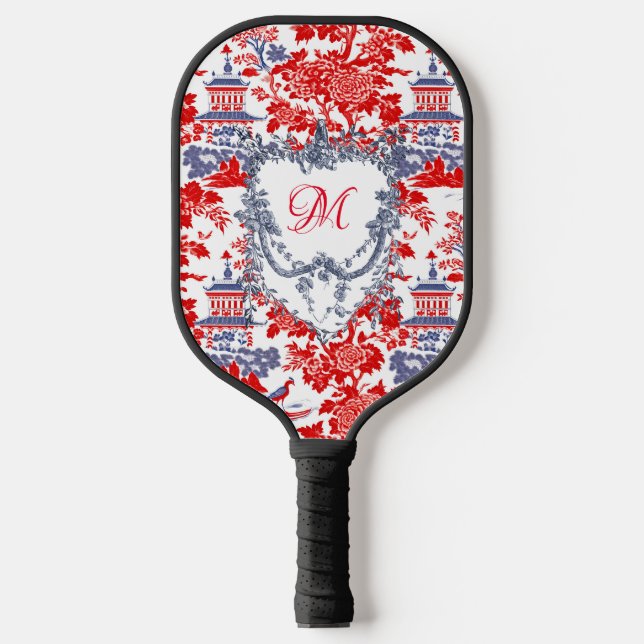 Vintage Chinoiserie Delft French Blue monogram Pickleball Paddle (Front)