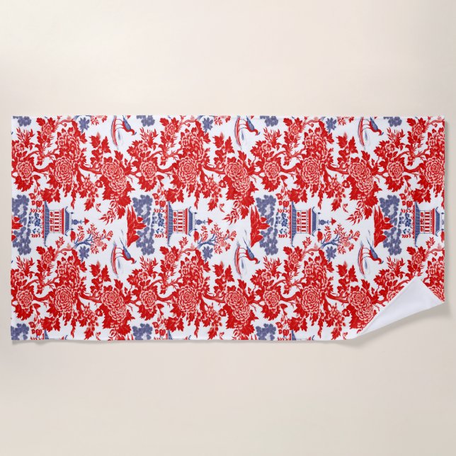 Vintage Chinoiserie Delft French red Blue Beach Towel (Front)