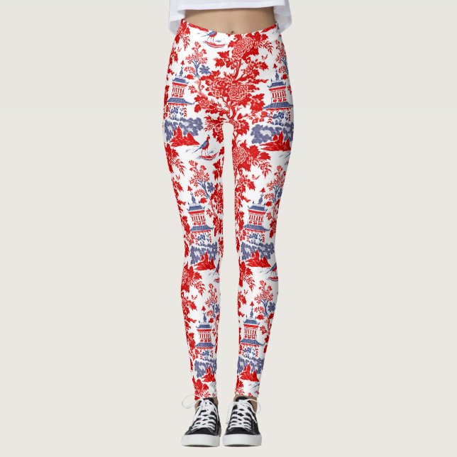 Vintage Chinoiserie Delft French red Blue Leggings (Front)