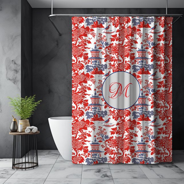 Vintage Chinoiserie Delft French red Blue monogram (Creator Uploaded)