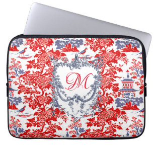 Vintage Chinoiserie Delft French red Blue monogram Laptop Sleeve