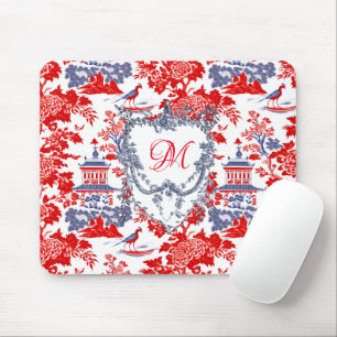 Vintage Chinoiserie Delft French red Blue monogram Mouse Pad