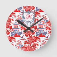 Vintage Chinoiserie Delft French red Blue monogram