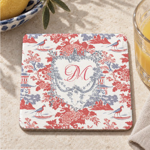 Vintage Chinoiserie Delft French red Blue monogram Stone Coaster