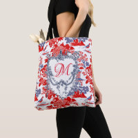 Vintage Chinoiserie Delft French red Blue monogram