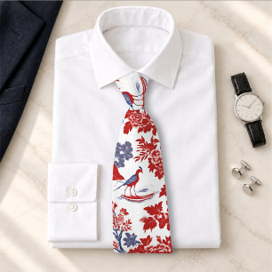 Vintage Chinoiserie Delft French red Blue Tie
