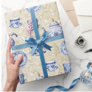 Vintage Chinoiserie Dishes Antique Damask Wrapping Paper