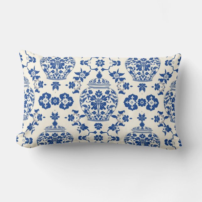 Vintage Chinoiserie Floral Ginger Jar Lumbar Pillow (Front)