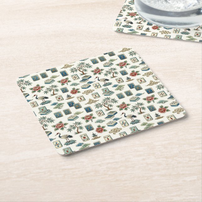 Vintage Chinoiserie Mahjong Tile Square Paper Coaster (Angled)