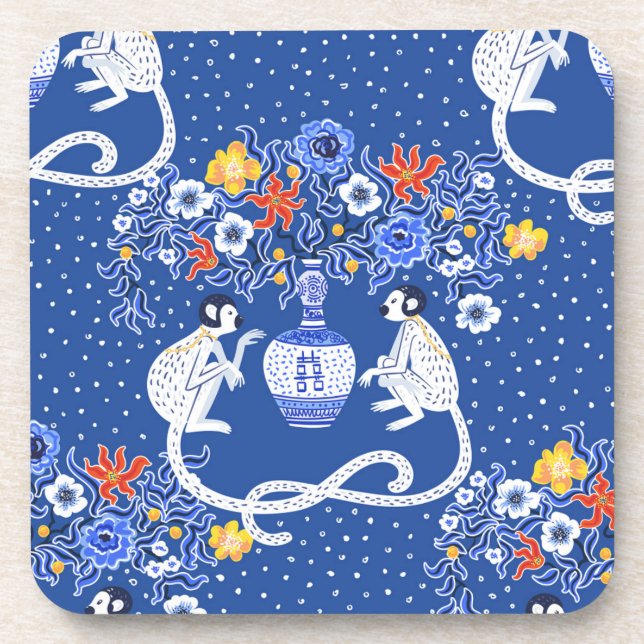 Vintage Chinoiserie Monkey and Flower Throw Pillow Coaster (Front)