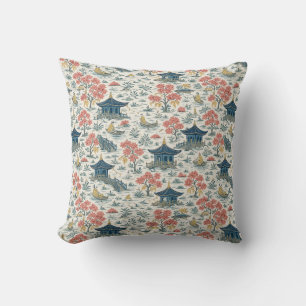 Vintage Chinoiserie Pagoda & Boat Pattern Throw Pillow