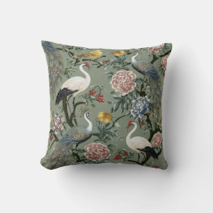 Vintage Chinoiserie Peacock and Crane Floral Throw Pillow