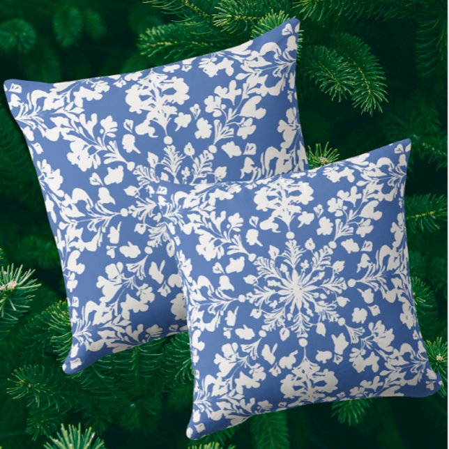 Vintage Chinoiserie Style Blue White Snowflakes Throw Pillow (Fun blue and white snowflake holiday pillows!)