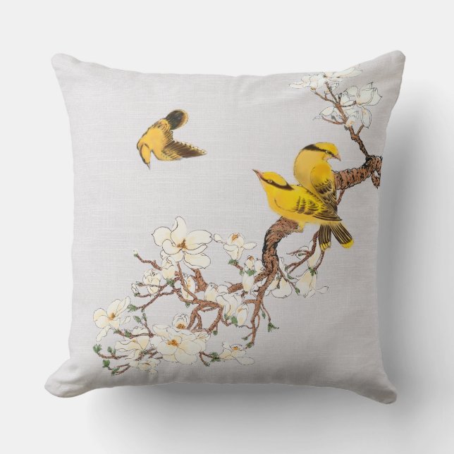 Vintage Chinoiserie Yellow Birds White Flowers Throw Pillow (Front)