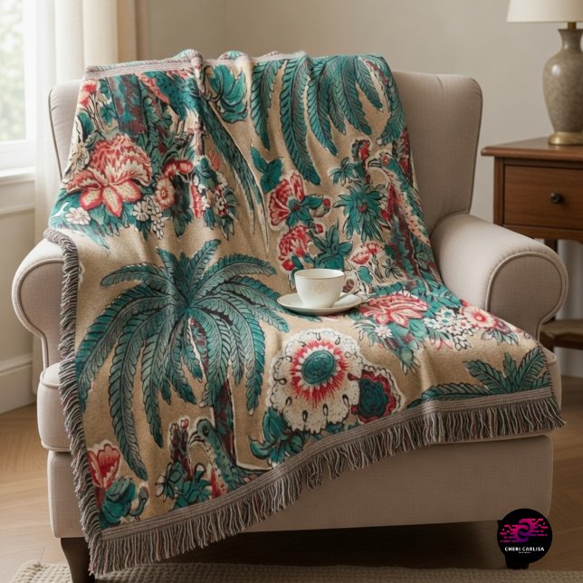 Vintage Chintz Floral Tropical Pattern Throw Blanket (Cozy up with 1936 tropical chintz and a quiet moment to unwind)