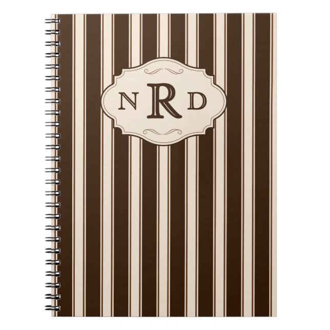Vintage Chocolate and Cream Stripes Monogram Notebook (Front)