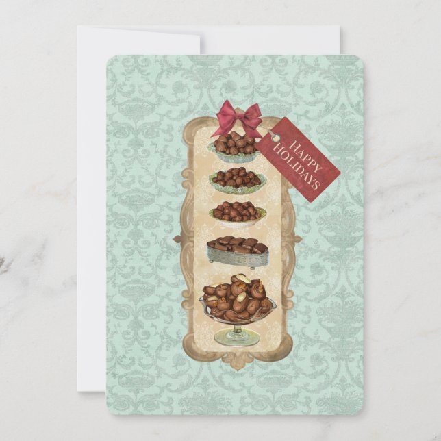 Vintage chocolate bon-bons damask Christmas Holiday Card (Front)