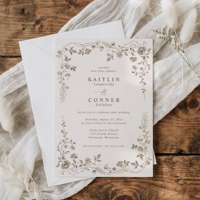 Vintage Chocolate Brown French Floral Wedding Invitation (Ivory wedding invite with chocolate brown vintage floral frame in toile de jouy style)