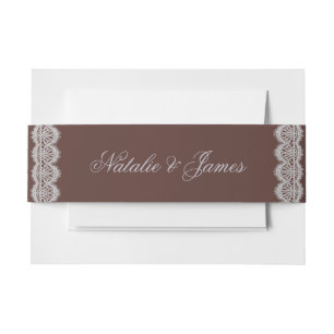 Vintage Chocolate Brown Lace Old Money Wedding Invitation Belly Band