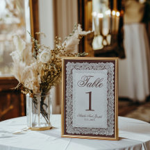 Vintage Chocolate Brown Lace Wedding Table Number