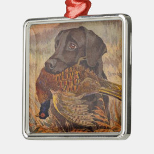 Vintage Chocolate Lab Hunting Metal Ornament