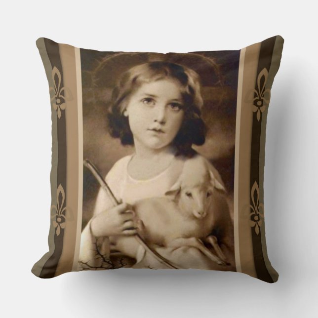Vintage Christ Child with Lamb & Staff Throw Pillow (Front)