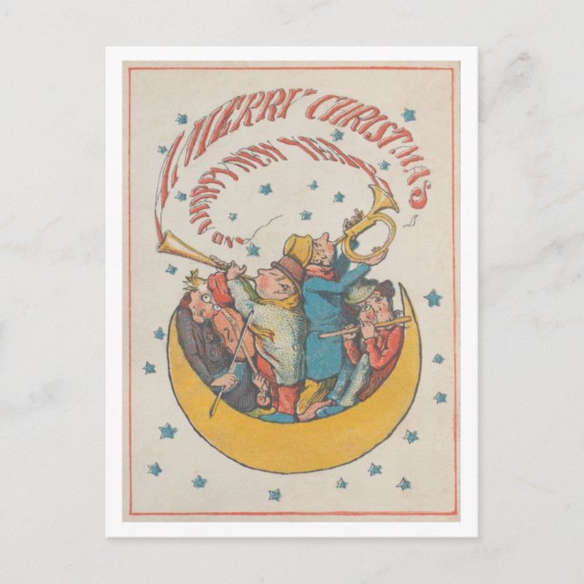 Vintage Christmas 1866 Musicians in Crescent Moon Postcard (Front)