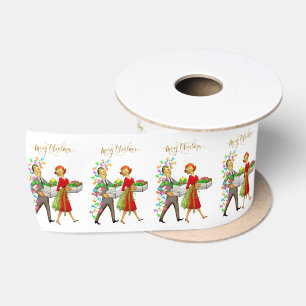 Vintage Christmas 1950's Couple Merry Christmas Satin Ribbon