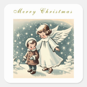 Vintage Christmas Angel and Child Flat Card Square Sticker