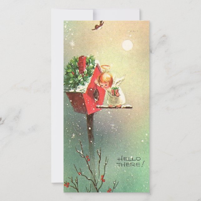 Vintage Christmas Angel At Birdhouse Holiday Card (Front)
