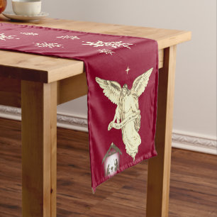 Vintage Christmas Angel & Bethlehem on Burgundy Short Table Runner