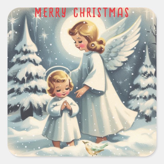  Vintage Christmas Angel, Child and Bird Square Sticker (Front)
