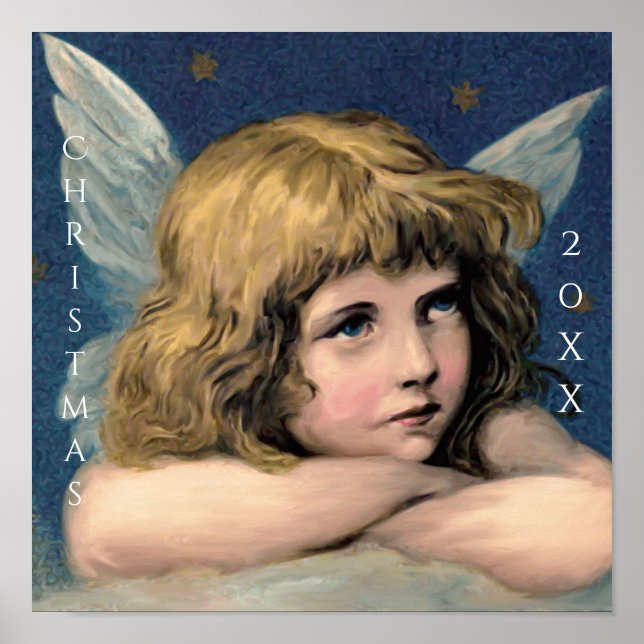 Vintage Christmas Angel Child White Wings Indigo Poster (Front)