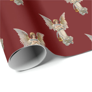 Vintage Christmas Angel Dark Red Holiday Wrapping Paper