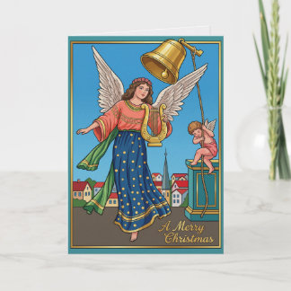 Vintage Christmas Angel Golden Bell Harp Card