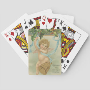 Vintage Christmas Angel Hanging From Holly Playing Cards