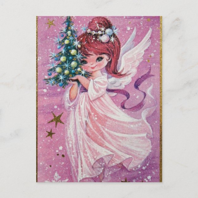 Vintage Christmas Angel Holding Tree Holiday Postcard (Front)